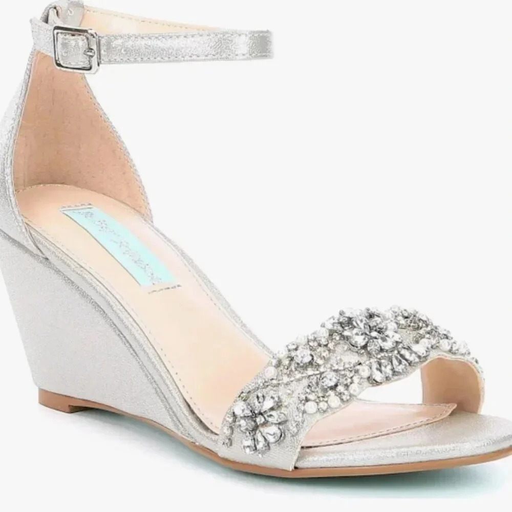 Betsey Johnson Taryn Wedges High Heel Shoes Jeweled Ankle Strap Silver Size 9